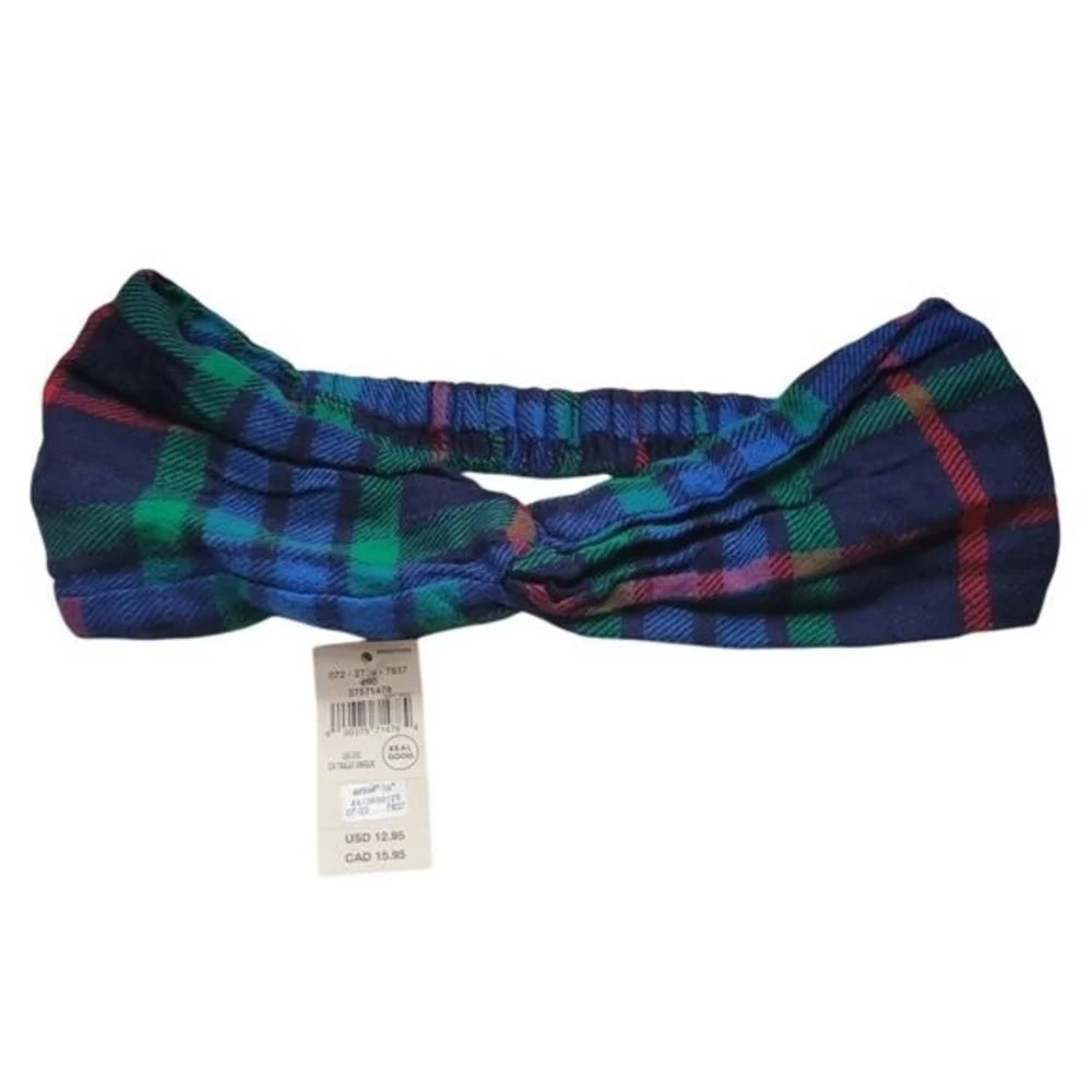NWT Women's Aerie Flannel Knit Sleep Headband Red Blue and Green Plaid